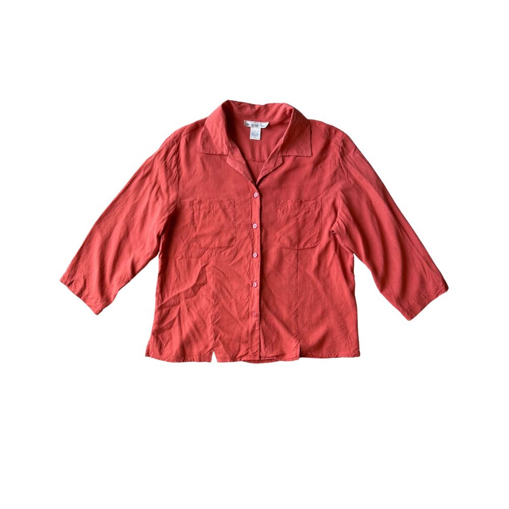 Anna and Frank Coral Peach VTG 100% Silk 3/4 Sleeve Button Down Shirt Size L 90s